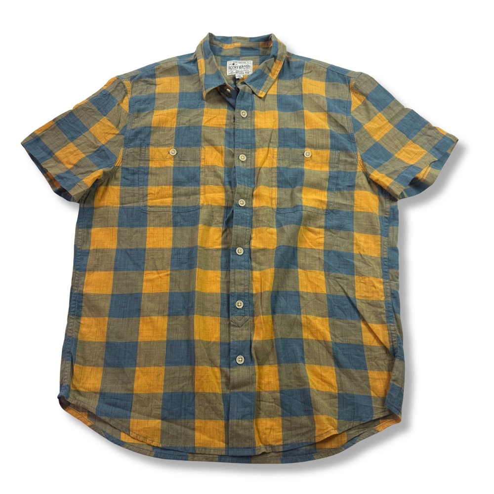 Lucky Brand Plaid Shirt Short Sleeve Cotton Button Up Yellow Blue Mens Large L
